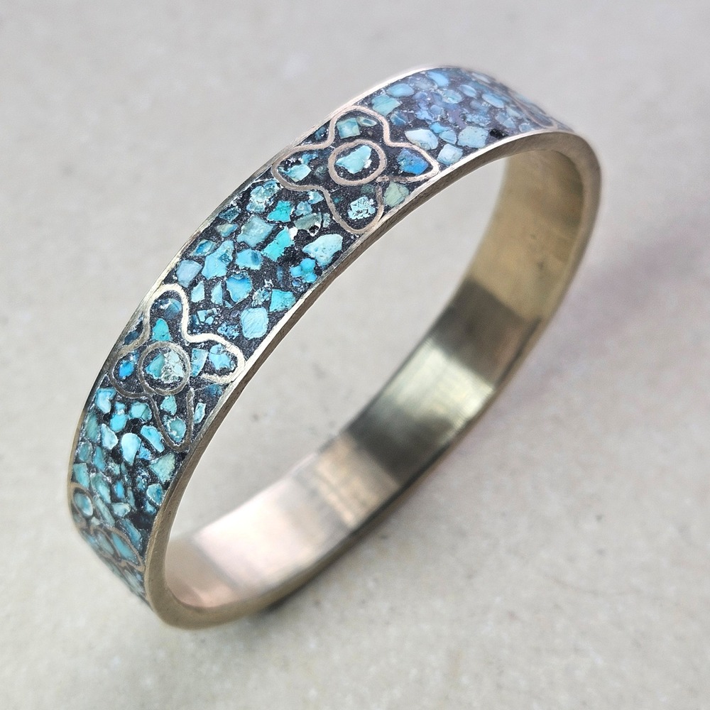 Vtg 60s 70s Brass‎ Turquoise Chip Inlay India Bangle Bracelet Mosaic Blue